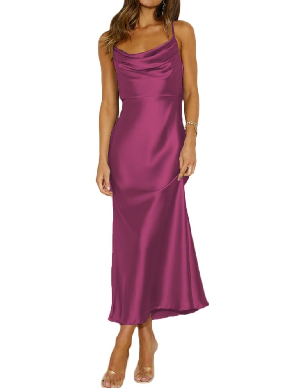 Mogidol Fuchsia Satin Spaghetti Strap Cowl Neck Backless Dress